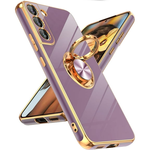 for Samsung Galaxy S22 Plus Phone Case: 360° Rotatable Ring Holder Magnetic Kickstand, Plating Rose Gold Edge Protective Samsung Galaxy S22 Plus Case, Purple