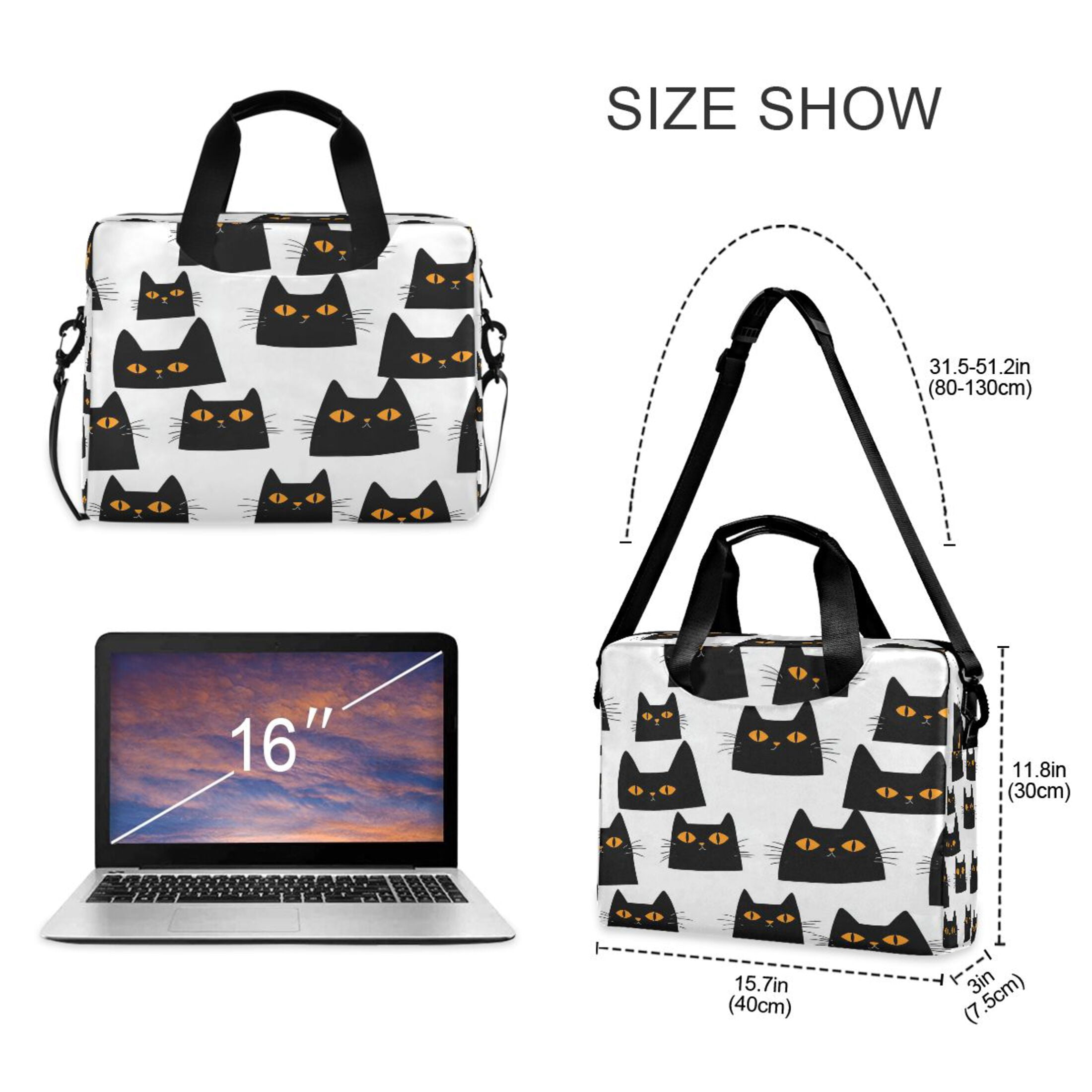 16" Laptop Tote Bag Laptop Sleeve Case Computer Briefcase for Work & Travel Black Cats with Orange Eyes