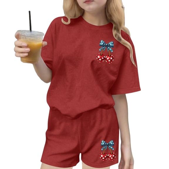 BFHHYA Girls 4th of July Sets 2-Piece Outfit Cherry Print Short Sleeve Top Loose Shorts Tween Casual Summer Set Size 3-15 Years