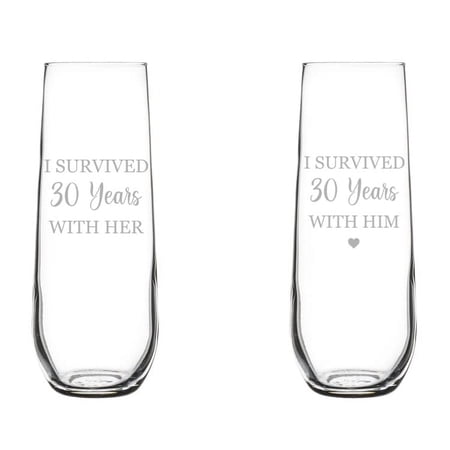 Set of 2 Glass Champagne Flutes Sparkling Wine Glasses Gift I Survived 30 Years 30th Anniversary (8.5 oz Stemless)