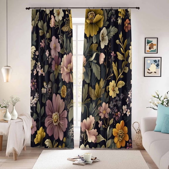 Botanicals Floral Blackout Curtains for Bedroom/Living Room, Pinch Pleated Black Out Curtains, Garden Seasonal Botanical Blooms Room Darkening Window Drapes with Hooks 2 Panels, 59"x70"