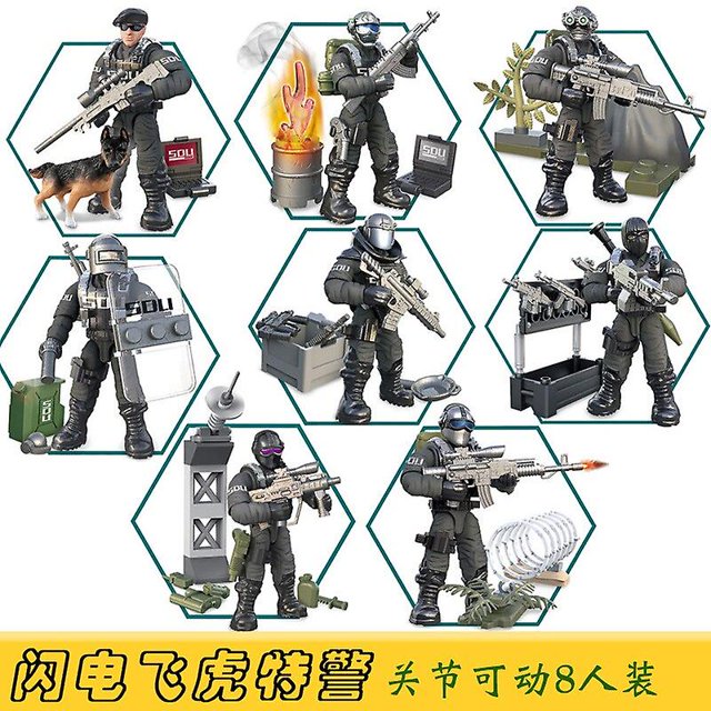xj960/822 call of military duty bloques de construcción 1:35 SWAT soliders figuras ejército armas juegos modelo muñecas ladrillos juguete para niño paquete con ocho figuras SWAT escala 1:35 (≈5 cm) con cascos, chalecos, escudos y rifles, más accesorios visibles como perro táctico, barril en llamas, cajas de munición y torre de francotirador; color fm3-3913, marca Yongsheng. Contiene piezas pequeñas; supervisión infantil recomendada. A menudo se usa también para dioramas militares en miniatura.
