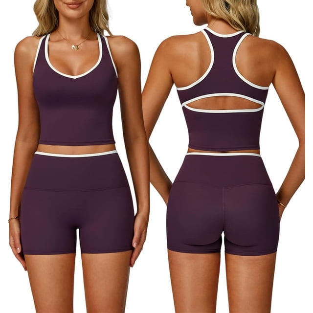 PISONIC Women Two Piece Workout Sets Color Block Backless Tank Top and High Waist Booty Lifting Shorts Gym Yoga Active Outfits