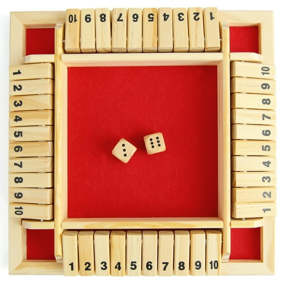 Flmtop Shut The Box Dice Game Classic 4 Sided Wooden Board Christmas Tabletop Toy with Dice for Kids Adults Learning Numbers Strategy Risk 2-4 Players