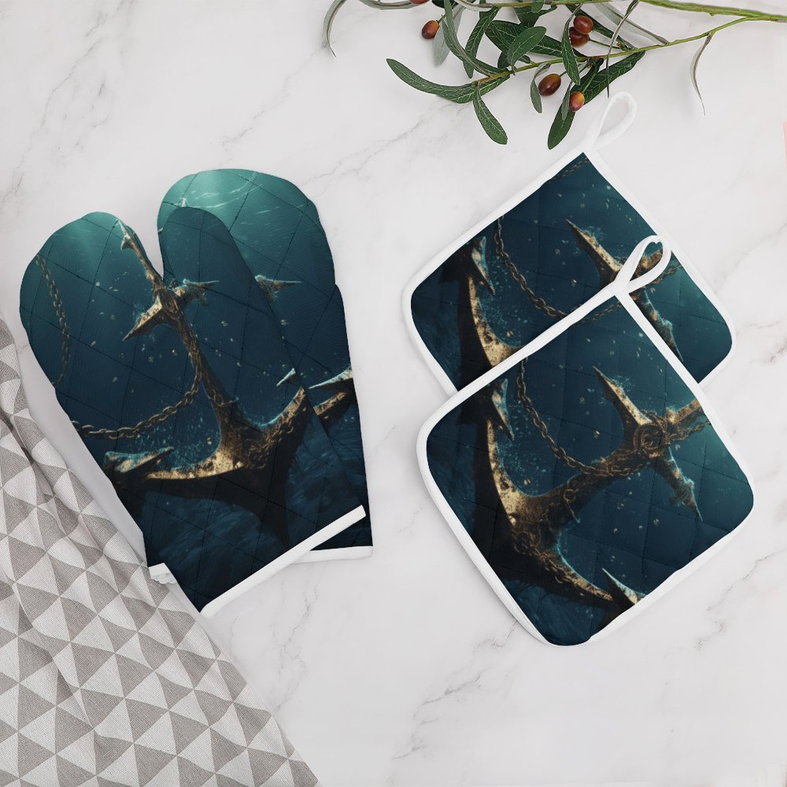 Anchor with Sailing Oven Mitts And Pot Holders Sets of 4 Oven Gloves Set Potholders for Kitchen Cooking Baking Grilling Anti Scald Hot Pads And Heat Resistant