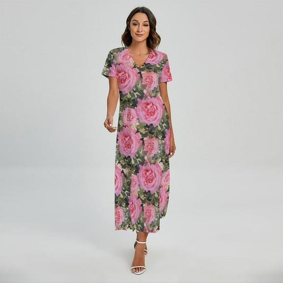 Military Camouflage Flower Pattern Printed Short Sleeve Maxi Dress, Camo Camouflage Fashion Summer Maxi Dress For Women
