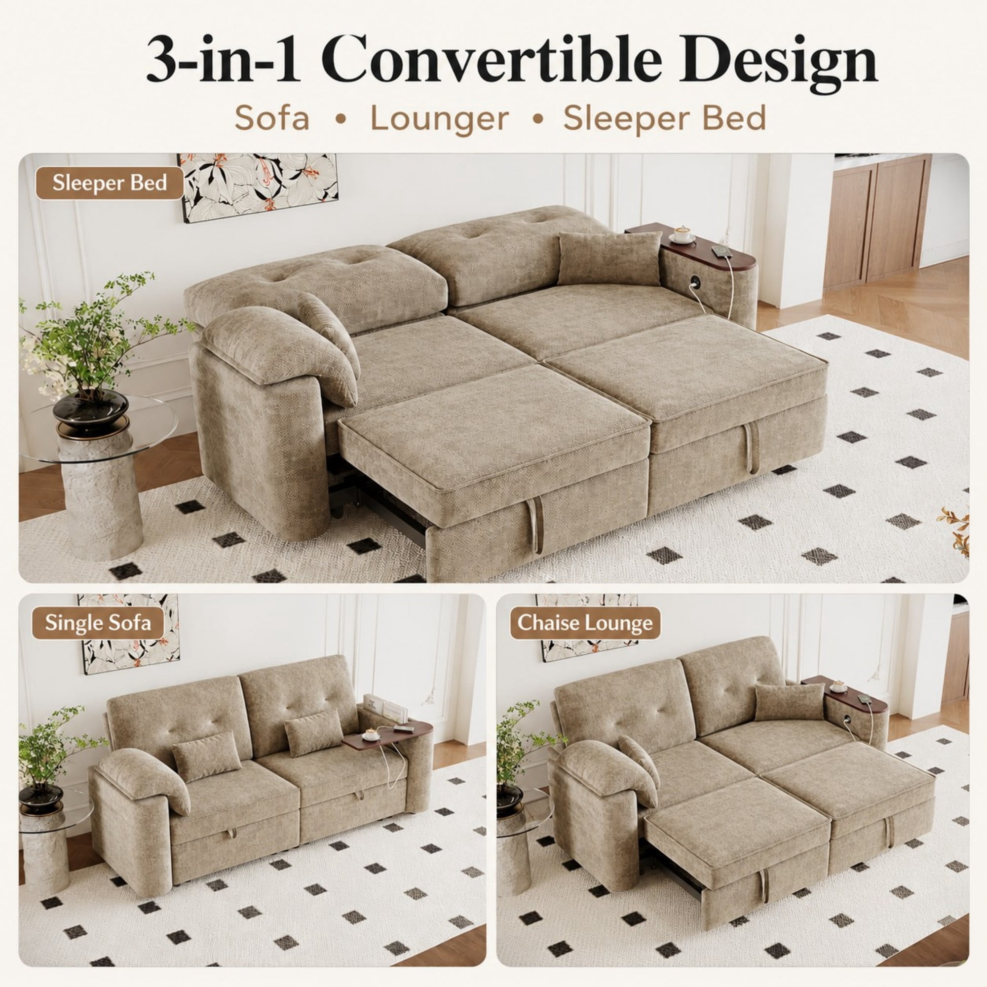 DEALTOPS 82" Chenille 3-in-1 Convertible Sleeper Sofa Bed with 270° Swivel Table & USB Ports, Beige