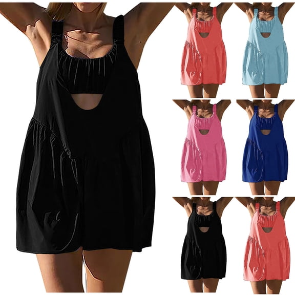Umfun Women's Cutout Overalls with Ruched Bust Detail - Sleeveless Summer Romper for Beach Vacation & Layered Daily Style