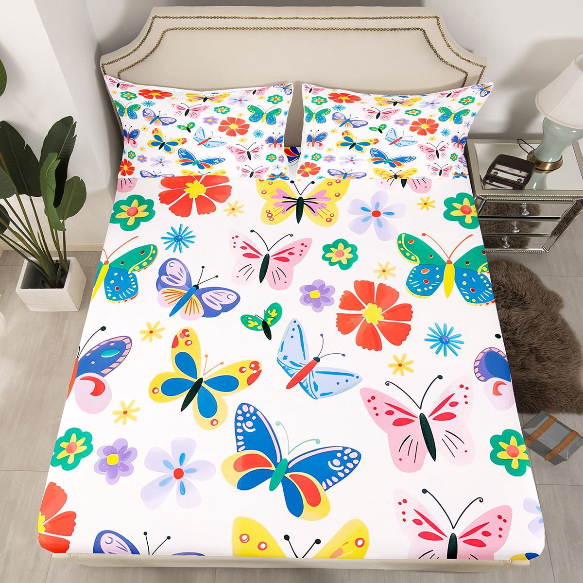 Homewish Cute Butterfly Twin Sheet Sets,Kawaii Colorful Floral Twin Fitted Sheet,Bohemian Style Flat Sheet For Girls Teens,Luxury Bedroom Decor,3-Piece