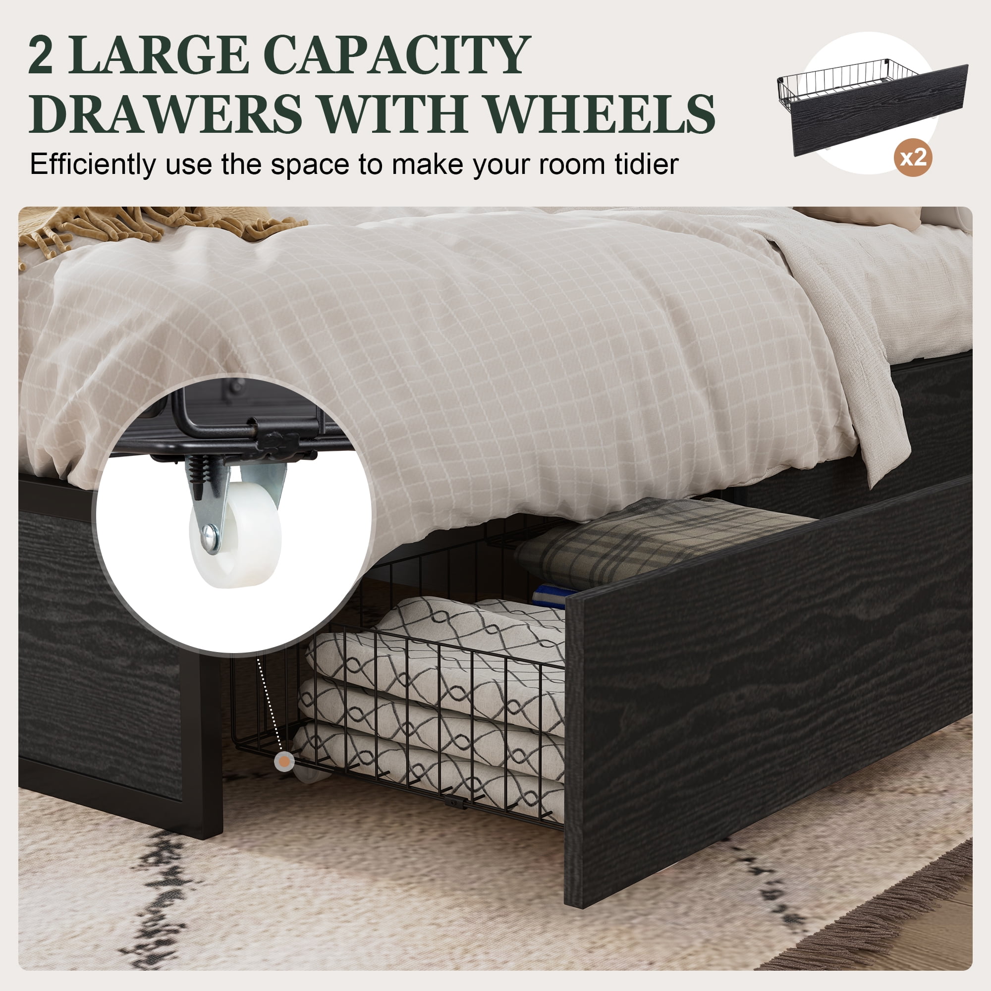 Amolife Full Bed Frame, Metal Storage Platform Bed with 2 Ultra-Flexible Drawers & Easy Assembly, Black