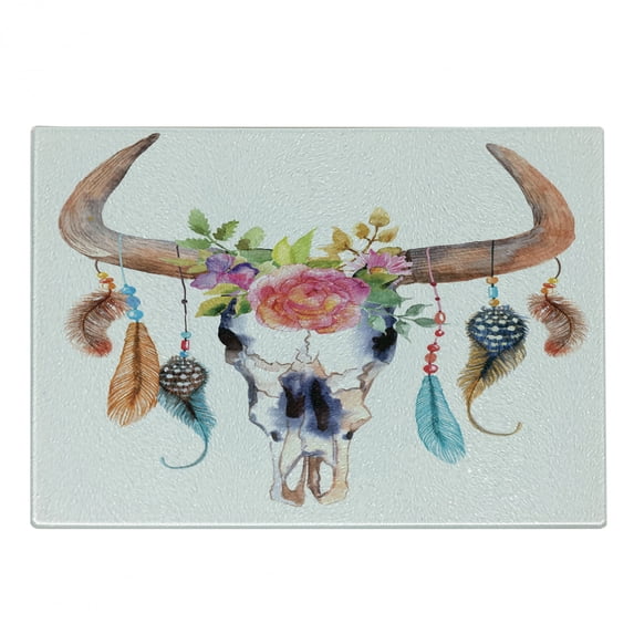 Watercolor Cutting Board, Bull Skull Hanging Flower Feathers Inspired Design, Decorative Tempered Glass Cutting and Serving Board, Small Size, Multicolor, by Ambesonne