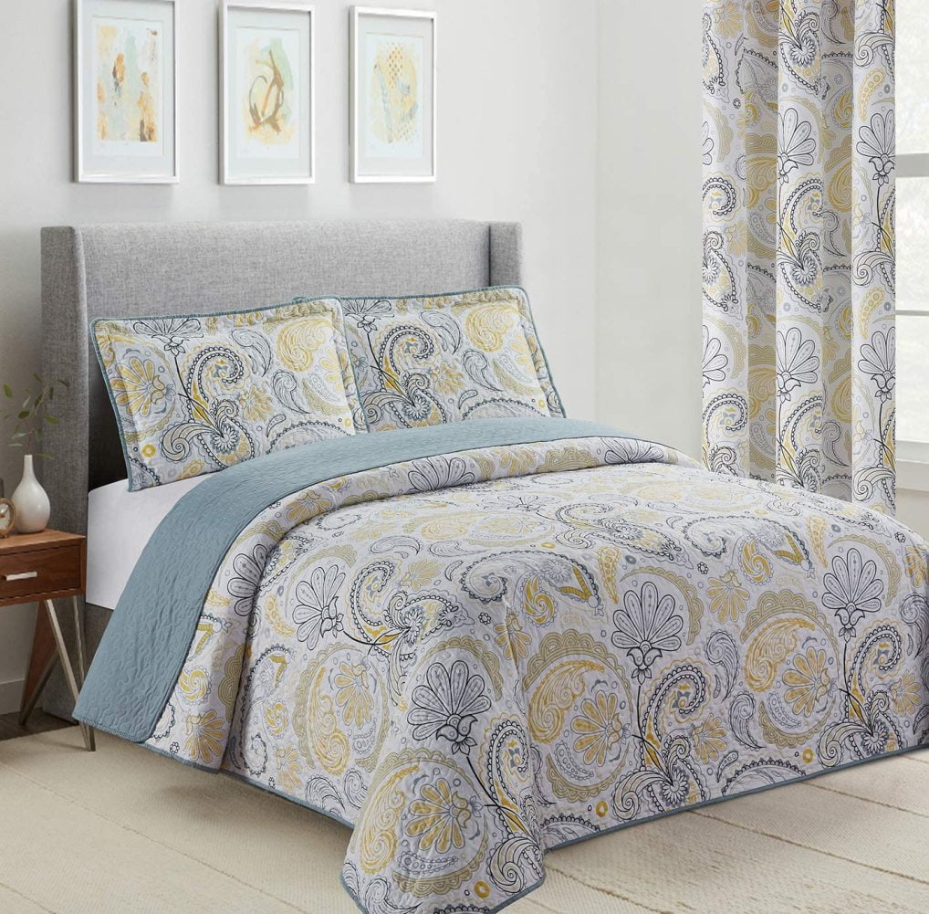 Fulnkye New 3PC Yellow/Grey Paisley Printed Reversible Bedspread/Quilt Set Matching Curtains Available (Full/Queen size, Yellow \u0026 Grey)