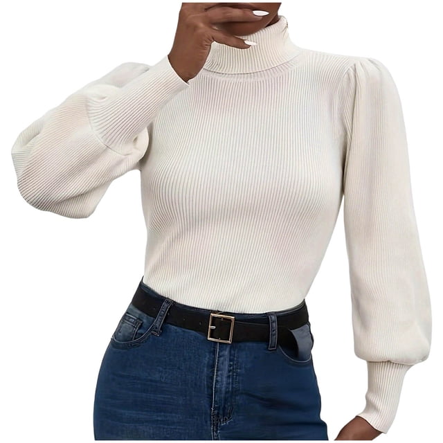 Chandail d'Automne pour Femmes Manches Bouffantes Col Roulé Tendance Blanc, P