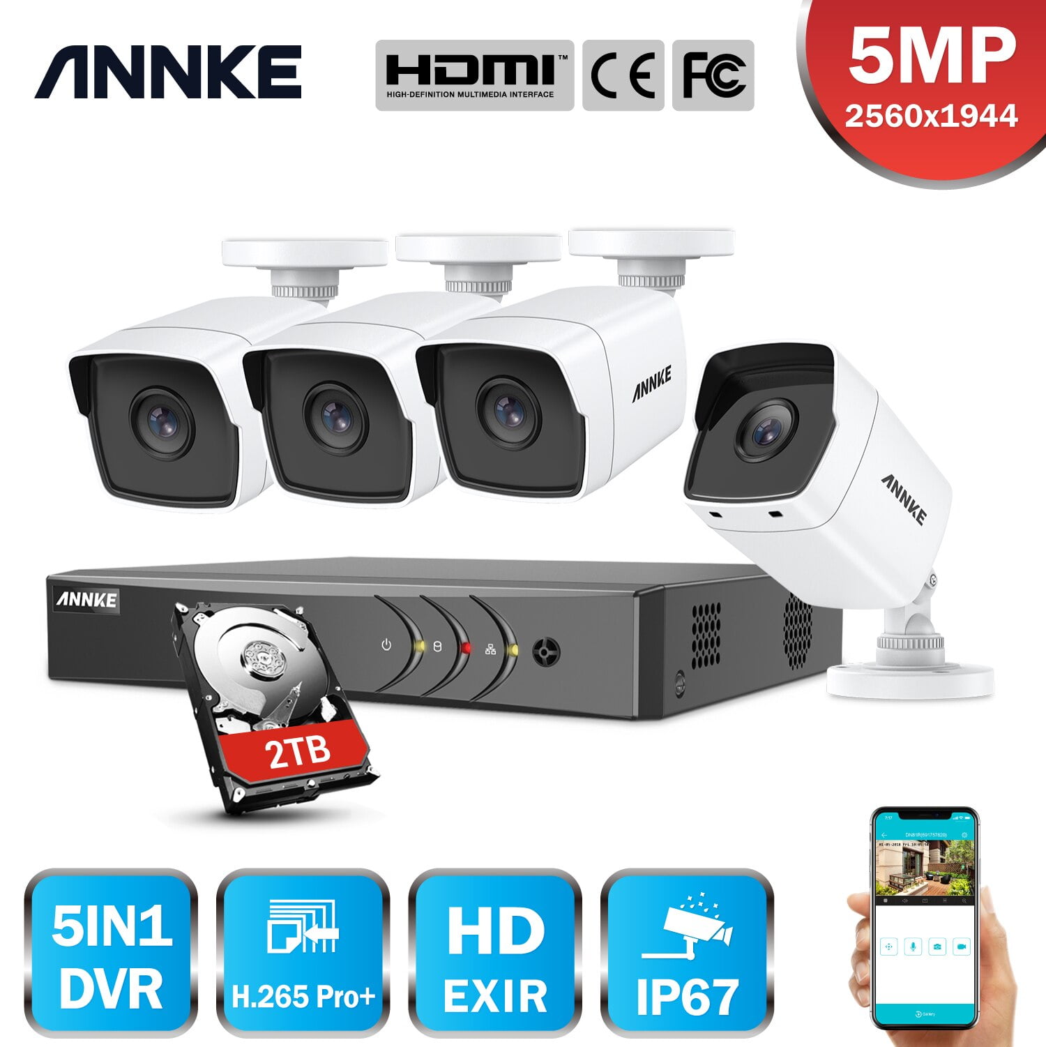ANNKE ANNKE 5MP Lite 16+2CH DVR 3000TVL Outdoor IP66 Cameras Home Security System Kit 