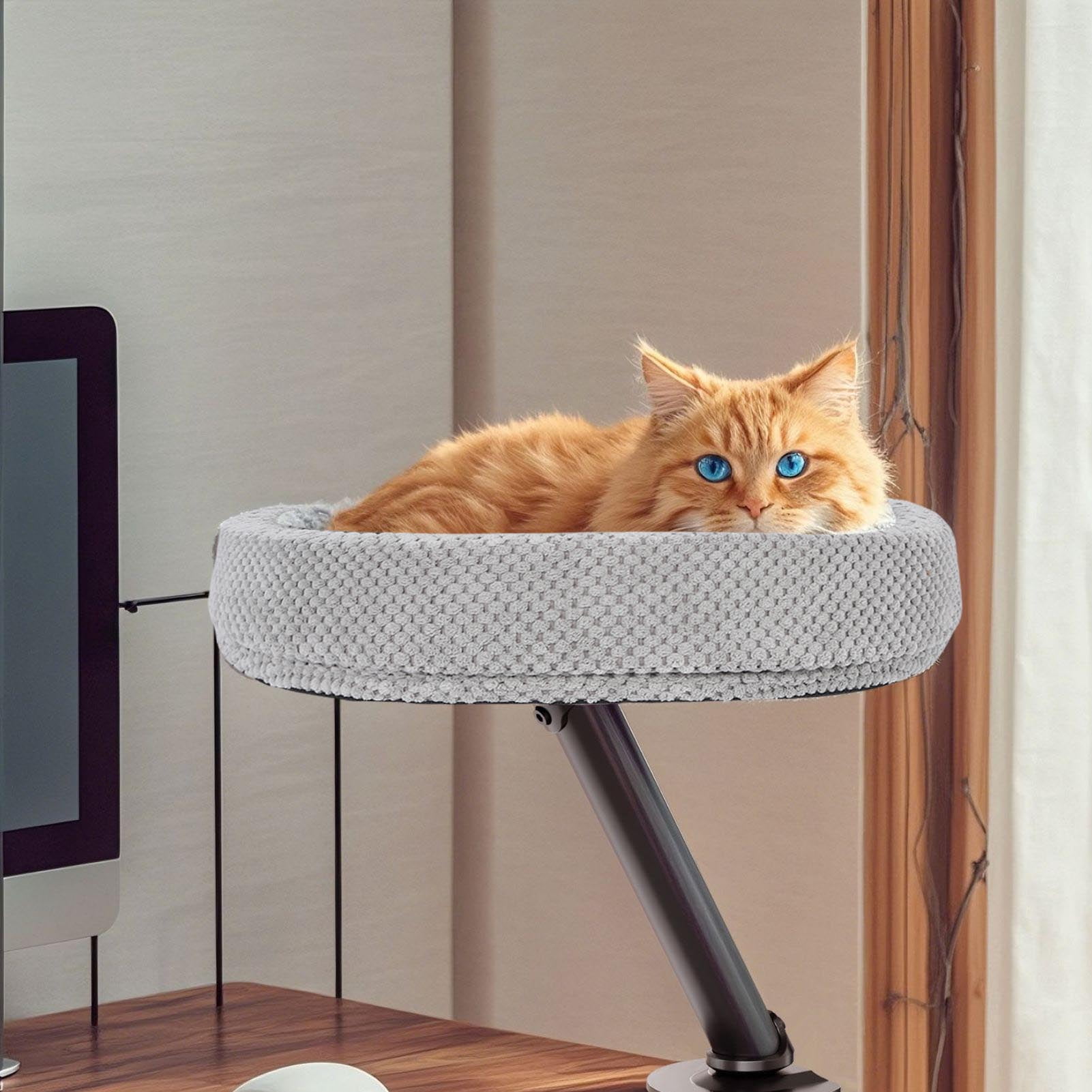 Rupoun Cat Desk Bed Comfortable Desktop Attachment Cat Perch High Strength Iron Structure Kitten Furniture for Office Space Saving Hammock (15.75 inches / 40 cm), Black