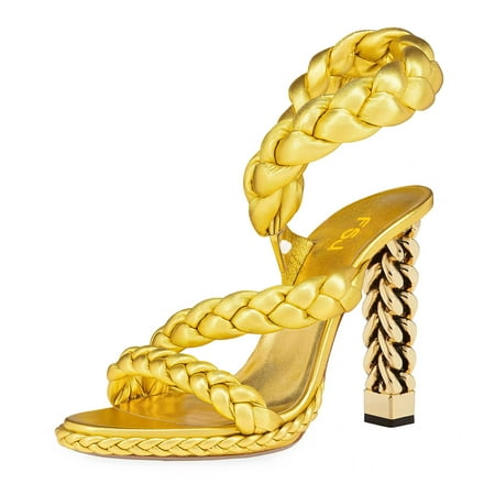 FSJ Women Braided Sandals Special Metal Chain Chunky High Heels Open Toe Platform Strappy Pump Party Wedding Bridal Prom Shoes Size 16 Yellow