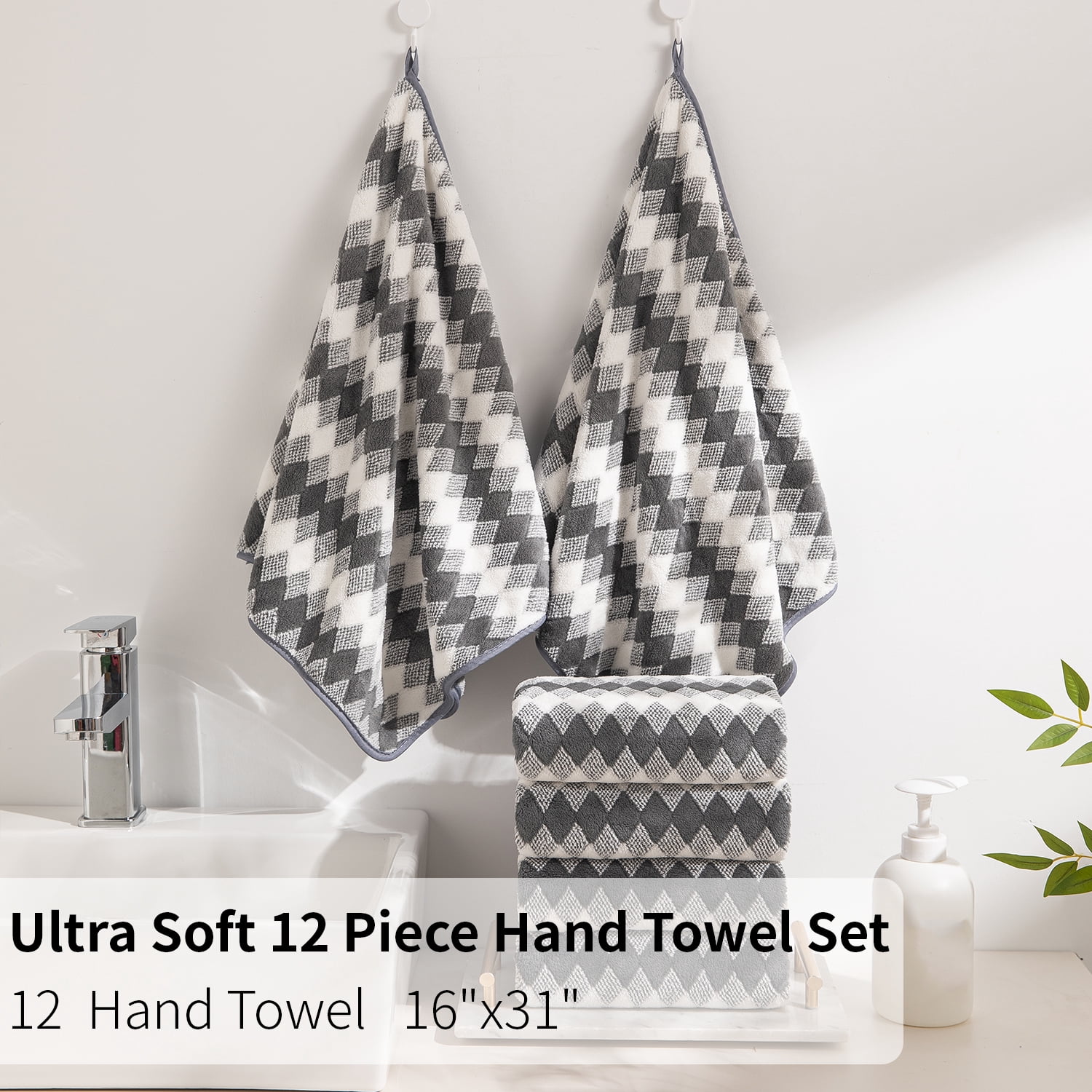 Beartech 12 Piece Hand Towel Set, Ultra Soft and Highly Absorbent Microfiber Towels 600GSM Quick Dry 16"x32" Hand Towels For Bathroom,kitchen-Dark Gray