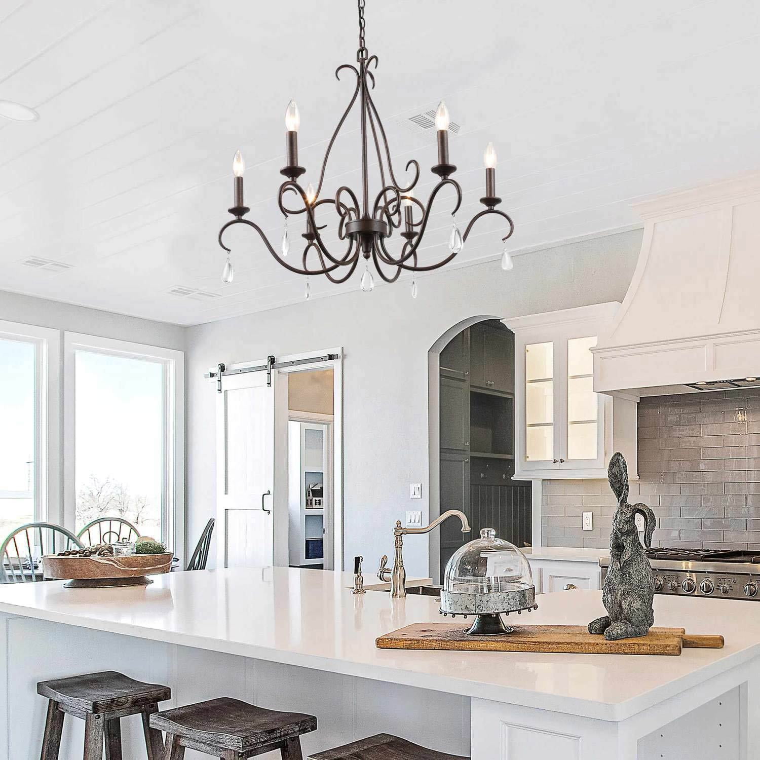 LNC Rustic 6-Light Chandelier Bronze Finish, LED Kitchen Island Light with Crystal