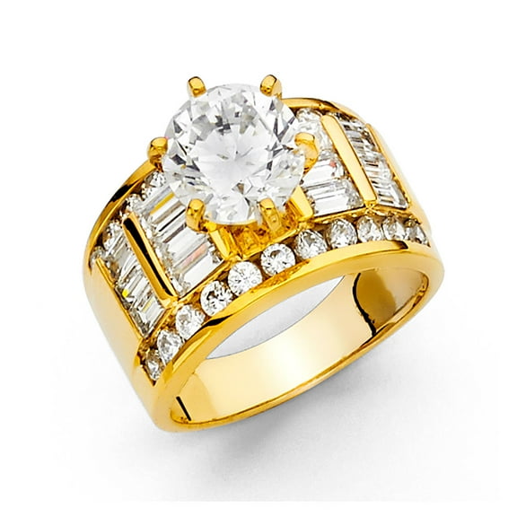 14k Yellow OR White Gold Big Round CZ Engagement Ring Anniversary Solitaire CZ Wide Band Side Stones