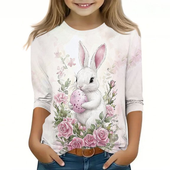 ZVAVZ Girls Easter Shirt Toddler Bunny Graphic Tees Kids Girl Summer 3/4 Sleeve Tops Funny Rabbit Easter T Shirts for Back To School Multicolor,5-6Years
