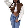 thumbnail image 1 of Women Crop Colorblock Baseball Uniform Short Jackets Leather Printed Long Sleeve Letter Embroidery Coat, 1 of 5