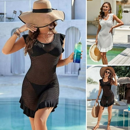 Joernso Summer Cover Up Dress Women O Neck Sleeveless Beach Pool Swimwear Sun Clothing Solid Color Hollow Knitted Bikini Swimsuit Cover Up