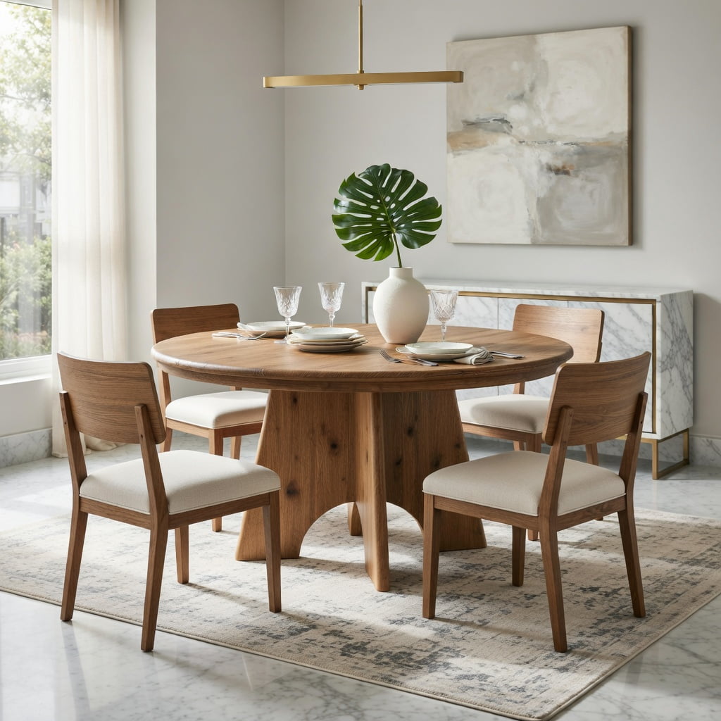 Hommoo 47 Inch Solid Wood Round Dining Table, Farmhouse Kitchen Table for 4-6 People, Rustic Modern Breakfast & Living Room Table, Natural