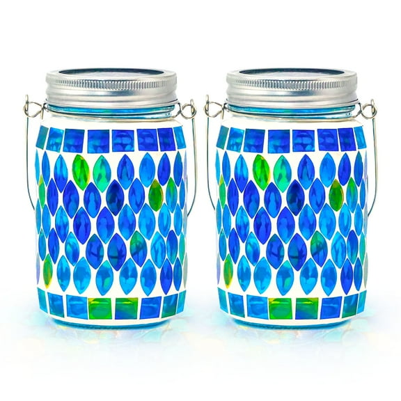 Rirool 2 Pack Solar Lanterns Outdoor, Mosaic Glass Hanging Lights for Garden, Patio, Backyard - Waterproof IP44, Warm White LED, Auto On/Off