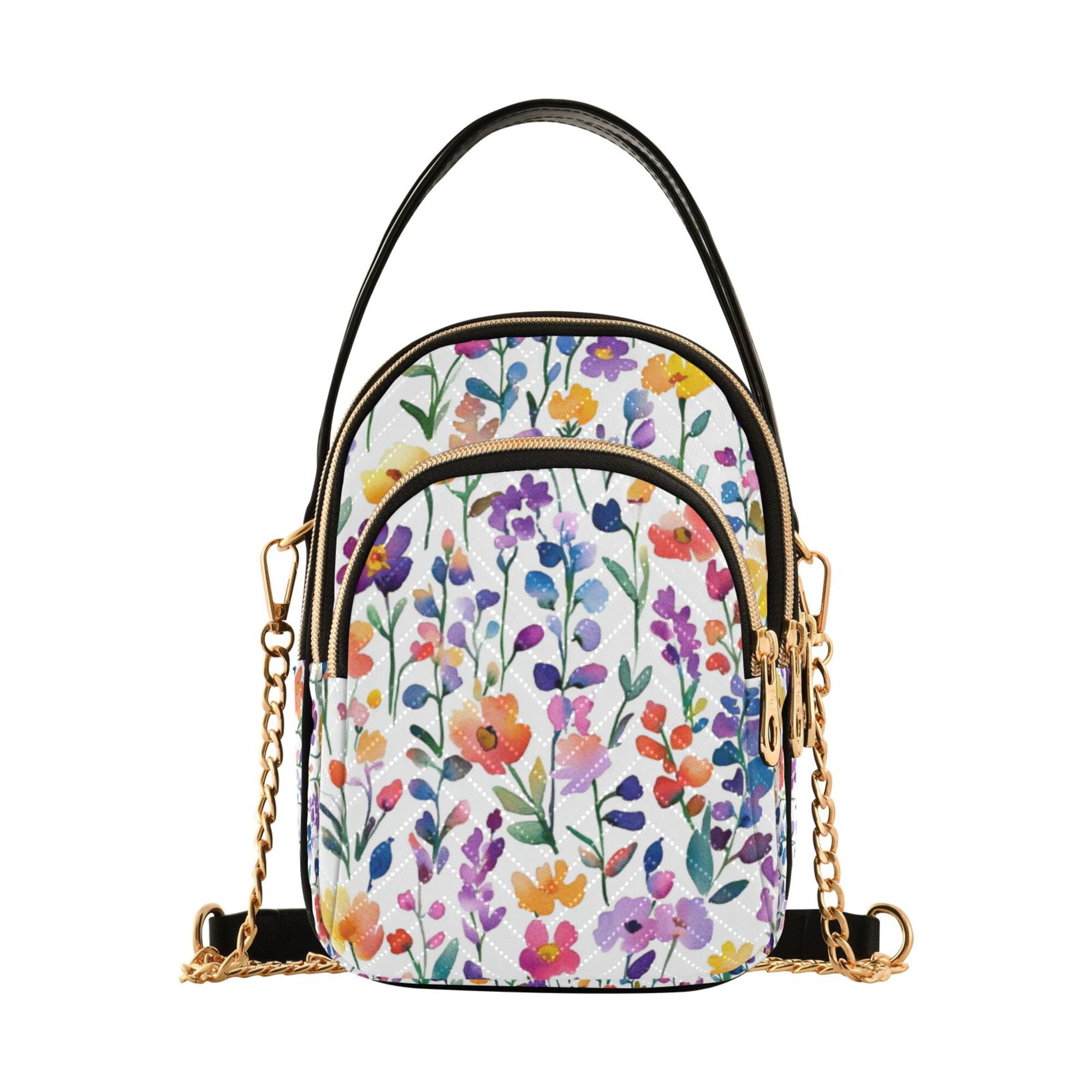FORMRS Crossbody Bag for Women Quilted Travel Shoulder Cell Phone Purse with Chain Strap Handbag, Purple Wildflower Pattern