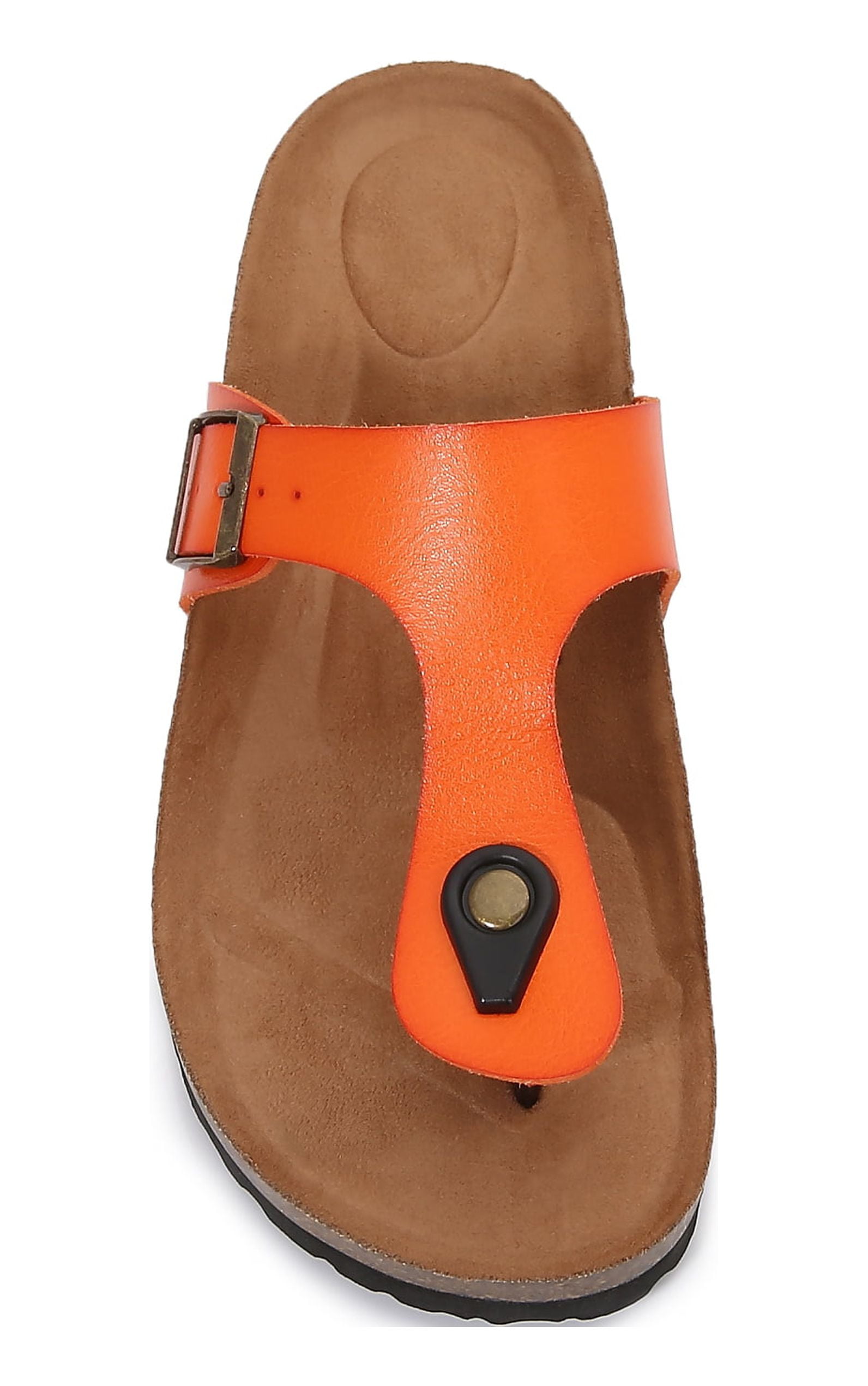 Women Soft Cork Footbed PU Leather Hook and Loop T Strap Flip Flops (Premium PU Orange / 8 )
