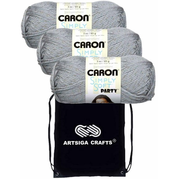 Caron Simply Soft Party Silver Sparkle H97PAR-8 (3-Skeins - Same Dye Lot) Worsted Medium #4 Acrylic Yarn for Crocheting and Knitting - Bundle with 1 Artsiga Crafts Project Bag