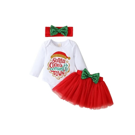 

Infant Baby Girl Christmas Outfit My First Christmas Letters Romper Top Tutu Skirt with Headband Xmas 3Pcs Clothes Set
