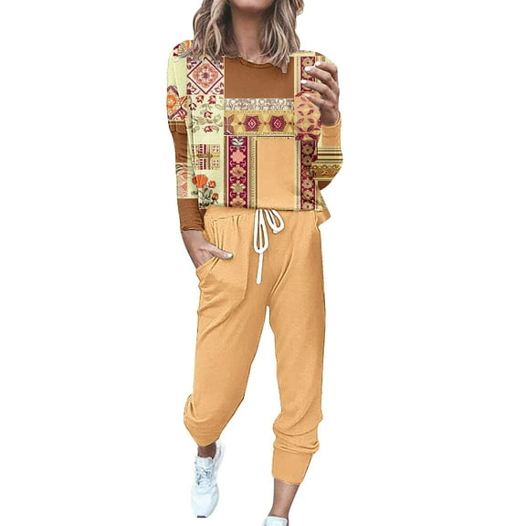 Sets for Women Clothing Two Piece Crew Neck Long Sleeve Sweatsuits Printed Pullover Top Jogger Pants Suits (Orange L)