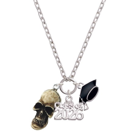 Delight Jewelry Resin Skull - Silvertone Class of 2026 Graduation Zoey Charm Necklace, 28"