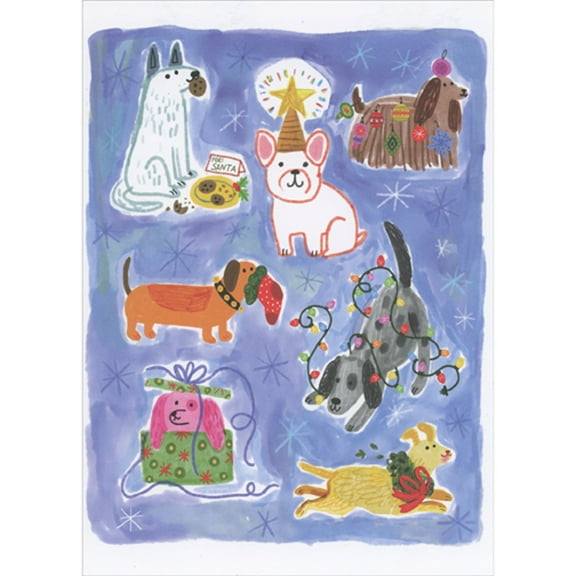 RSVP Seven Dogs Playing with Lights, Stockings and Gifts Christmas Card from Dog