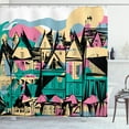 thumbnail image 1 of Amsterdam Shower Curtain, Hand Drawn Streets and Houses of Netherlands, Fabric Bathroom Set with Hooks, 69W X 84L Inches Extra Long, Pastel Pink Beige Charcoal Grey Dark Seafoam, by Ambesonne, 1 of 3