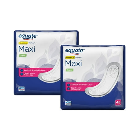 (2 Pack) Equate Maxi Pads with Aloe, Moderate, Super, 48