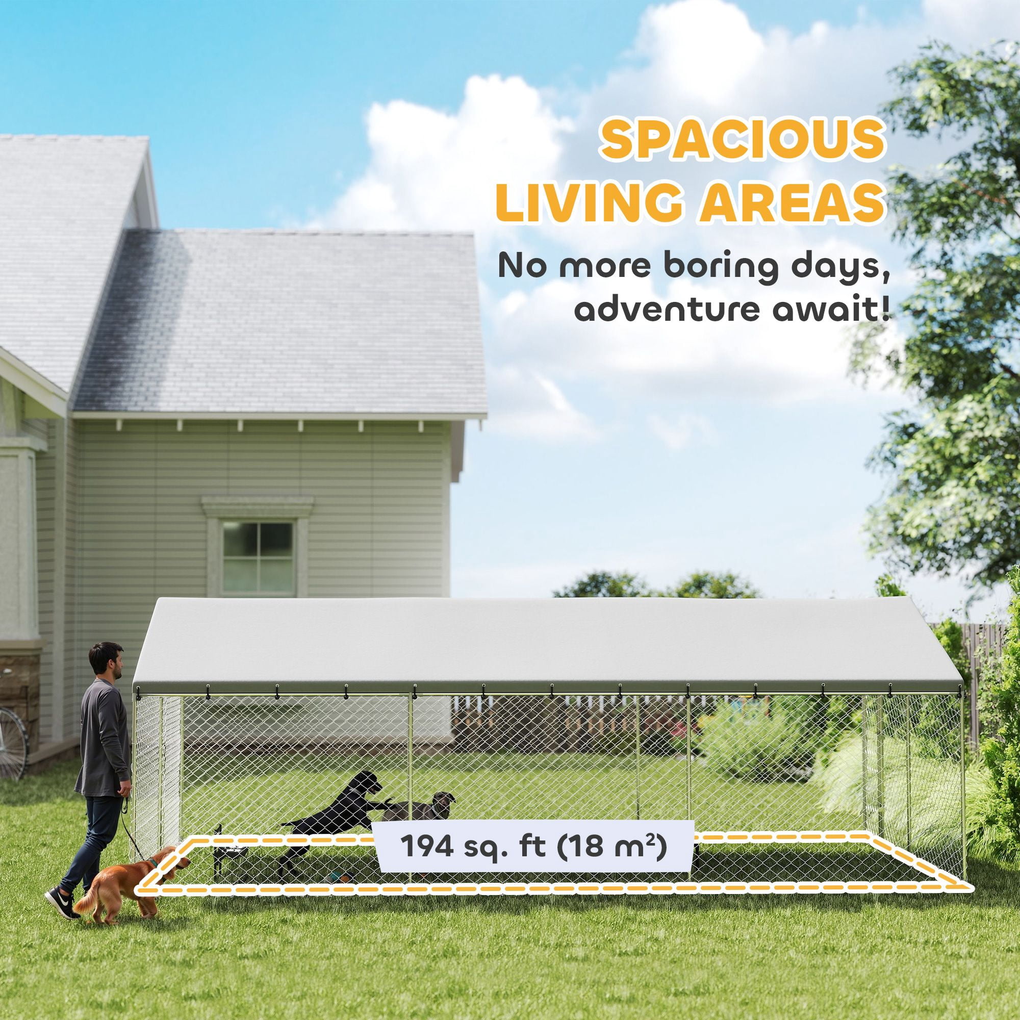 Dranite Outdoor Dog Kennel with Waterproof Roof, 20' x 10' x 7' Chain Link Dog Run, 2 Secure Latches for Backyard