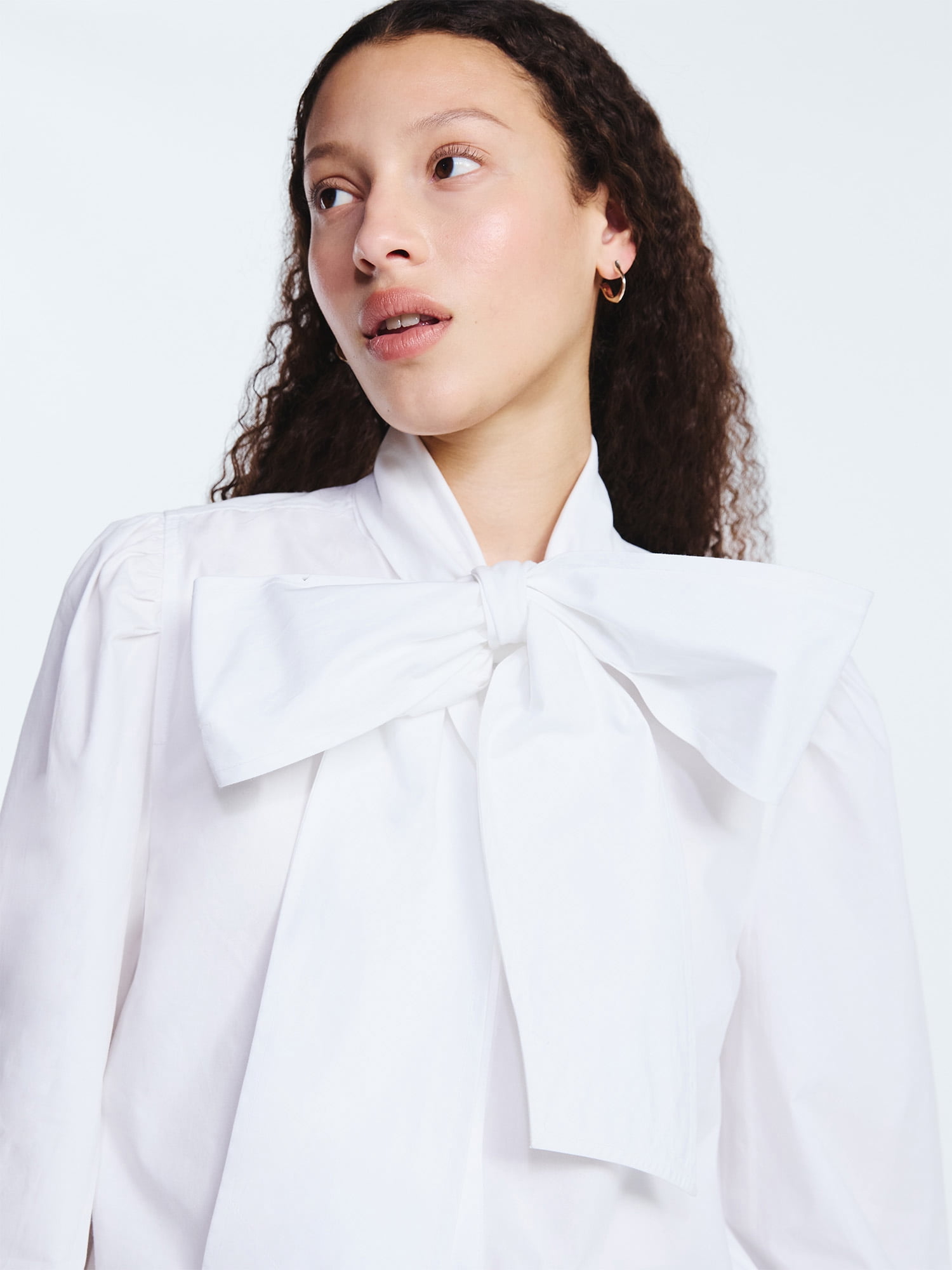 Free Assembly Women's Cotton Tie Neck Blouse with Long Puff Sleeves, Sizes XS-XXL