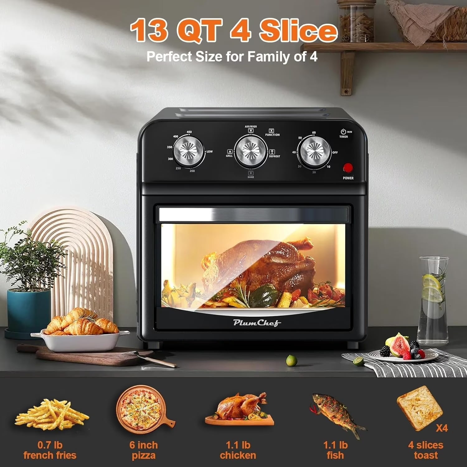 Plum Chef 13-Quart Compact Air Fryer Toaster Oven, 2-Layer Efficient Cooking, Space-Saving Countertop Oven for Dorms, Apartments & Small Families, 1300W, Black