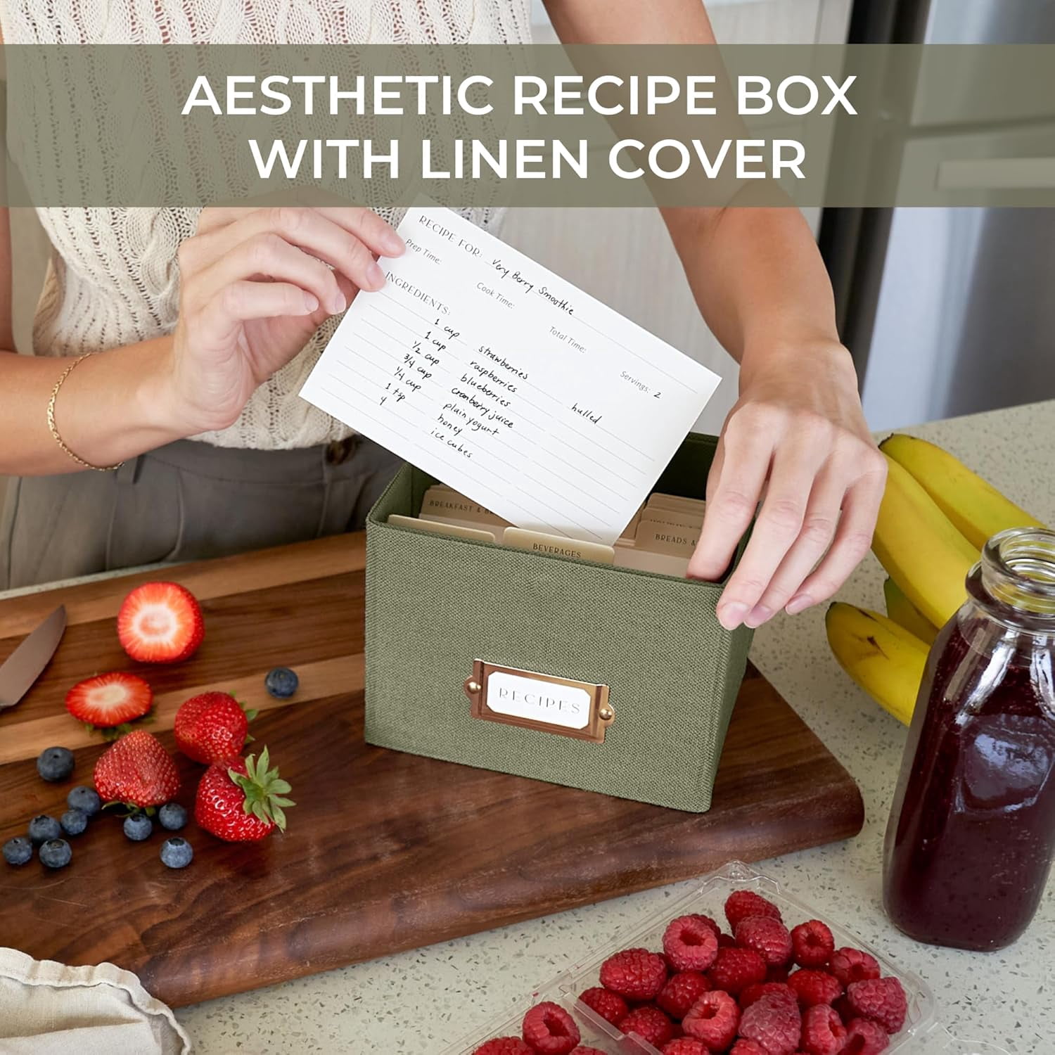SHAANXIXIAN Beautiful Linen Recipe Box - Fits 4x6 inch Recipe Cards to Organize Up to 250 Recipes - Sturdy Card Holder and Great Gift for Any Kitchen - Cards Not Incl.