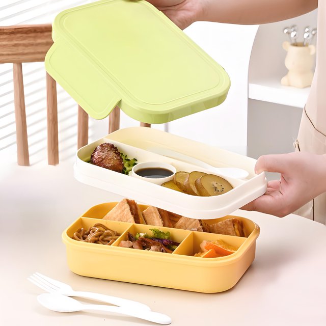 Fiambrera Bento térmica verde con compartimentos | Recipiente hermético de 1670 ml apto para microondas | Incluye cubiertos para estudiantes y oficinistas | Plástico sin BPA para almacenar alimentos