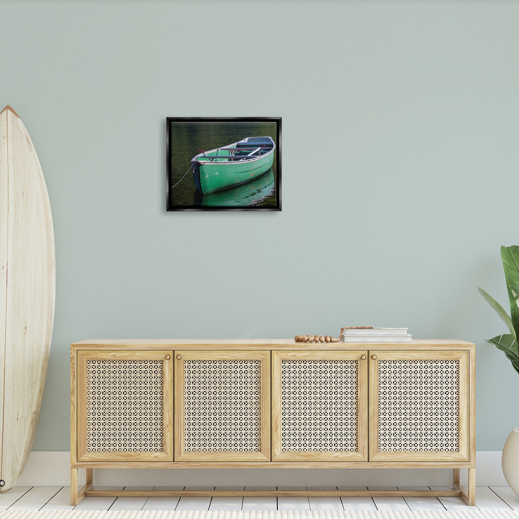 Stupell Industries Green Rowboat Canoe Floating Lake Dock Photography Photograph Jet Black Floating Framed Canvas Print Wall Art, Design by Daphne Polselli