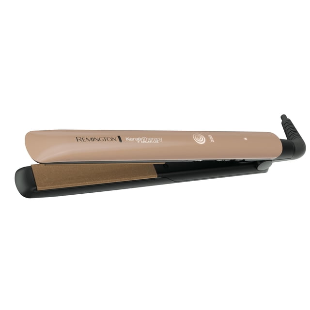 plancha alaciadora remington con microacondicionadores de keratina y aceite de argán, s8599 (110) f 3/4 frontal de plancha color oro rosa con placas cerámicas de 25 mm y recubrimiento avanzado, cable giratorio negro en la bisagra e indicador LED en la carcasa; a menudo usada también para alisar mechones pequeños y preparar peinados detallados.