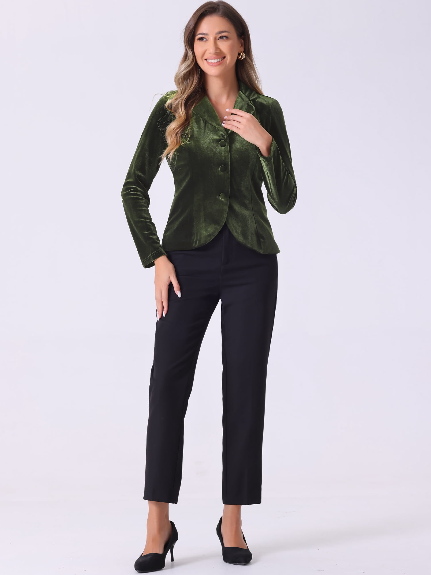 DARING DIVA Women's Notched Lapel Long Sleeve Office Velvet Blazer M Army Green