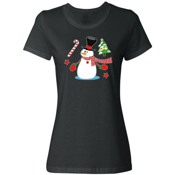 Inktastic Top Hat Snowman with Christmas Tree and Candy Cane Women's T-Shirt