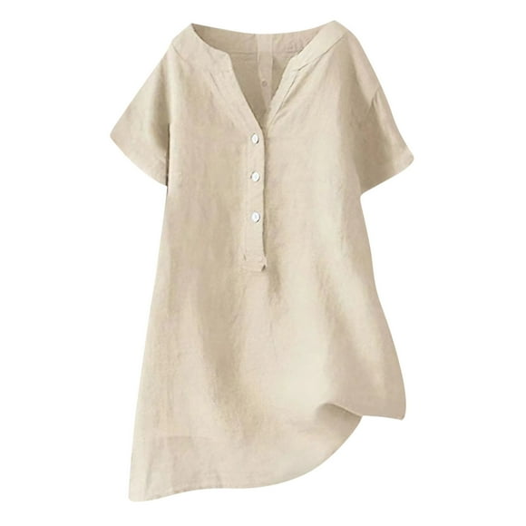 JURANMO Womens Summer Tops Lightweight Cotton Linen T Shirts Casual Loose Button Up V Neck Shirt 2024 Solid Color Basic Blouse Tees Today's Deals Khaki L