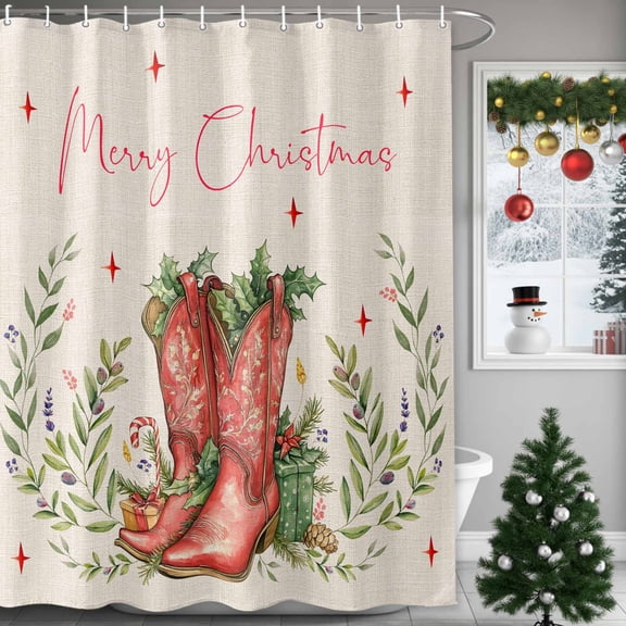 Shower Curtain 36"W x 72"L Merry Christmas Red Boots Leaves Stars Linen Fabric Shower Curtains Set with Hooks Water Repellent Bathroom Curtains Machine Washable Bathroom Accessories