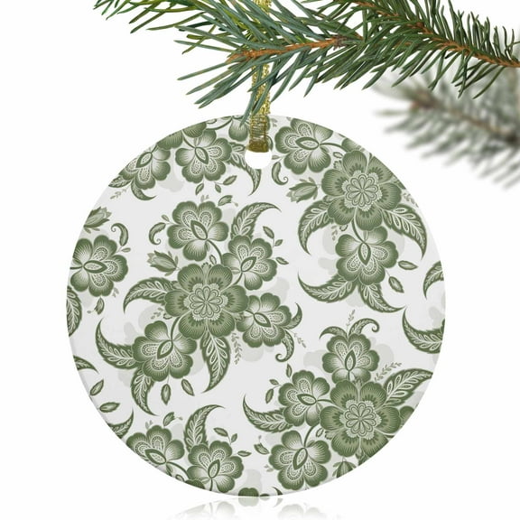 Retro Sage Green Tribal Floral Christmas Ceramic Ornament 2025,3" Round Xmas Tree Hanging Accessories with Gold Ribbon