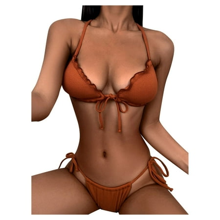 

VKEKIEO Two-Piece Sets Swimsuit Sport Bra Style Lift Khaki M